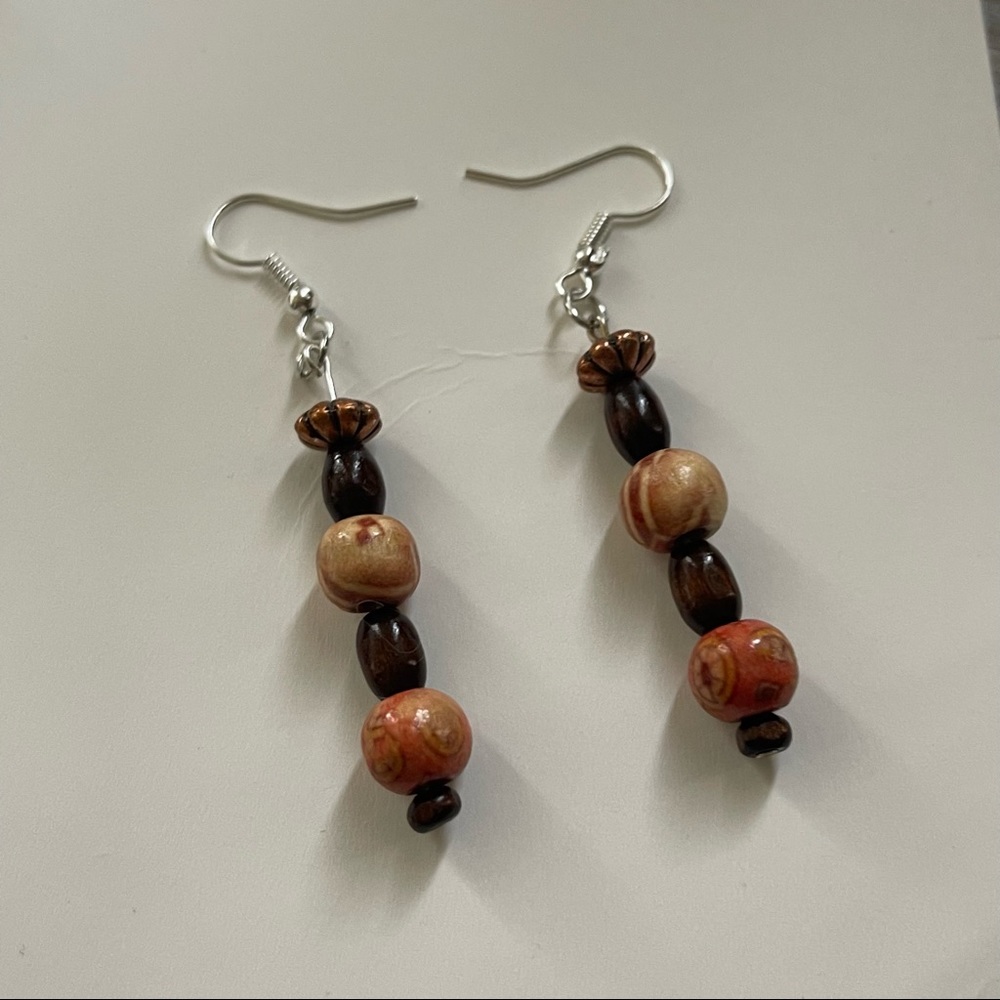 New Handmade Sterling Silver Petrified Wood Orange Brown Wooden Dangle Earrings - Picture 10 of 11